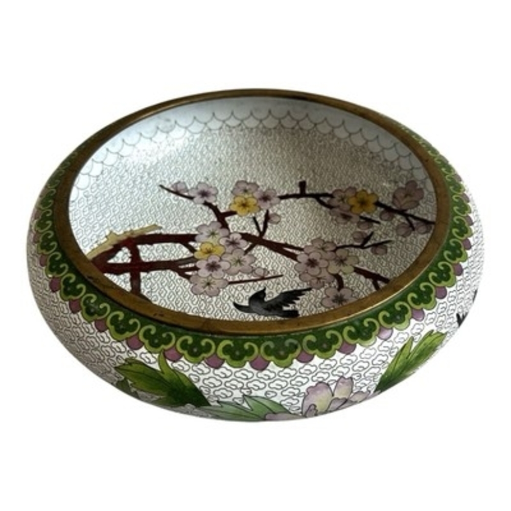 Antique Chinese Cloisonné Enamel Bowl Bird & Blossom White Decorative Bronze Art - Picture 4 of 6